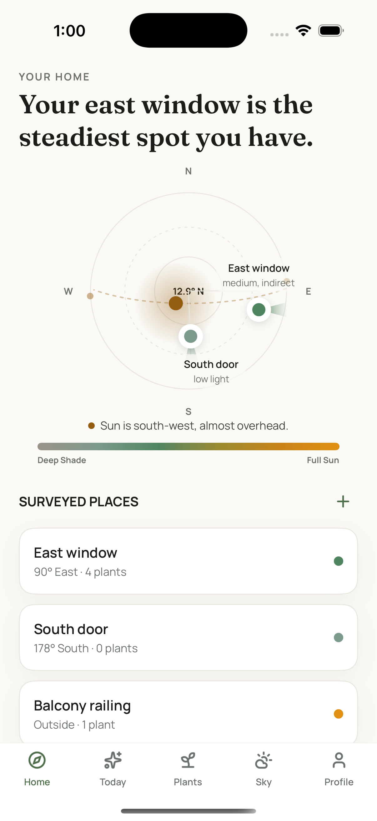 Leafed's Home screen — a compass dial showing where the sun is now and which of your windows it's lighting