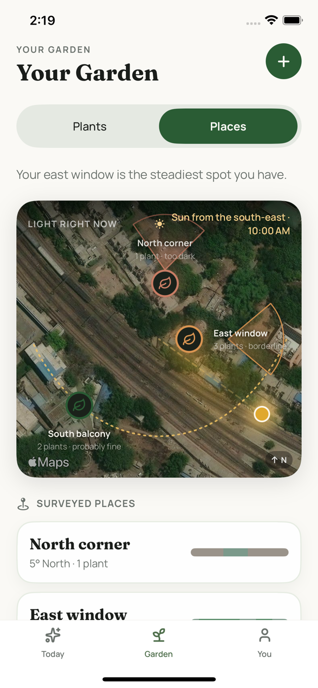 Your places on an aerial view of your home, each showing which way it faces and how the sun is reaching it right now