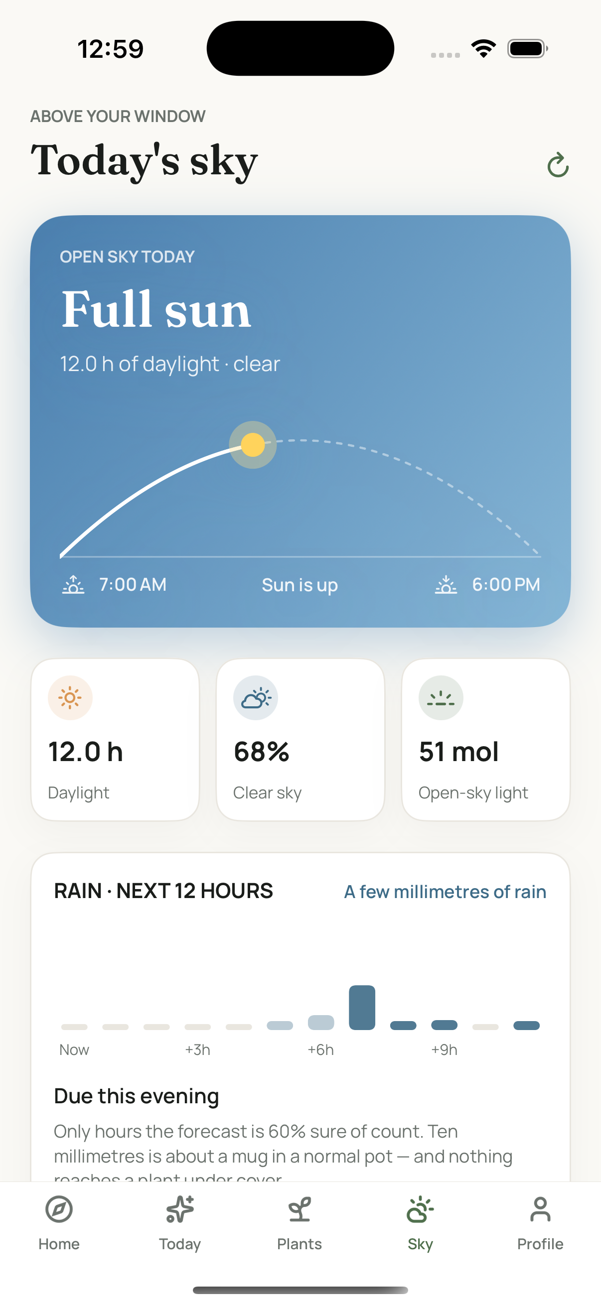 Today's sky in Leafed: daylight, cloud, and rain over the next twelve hours