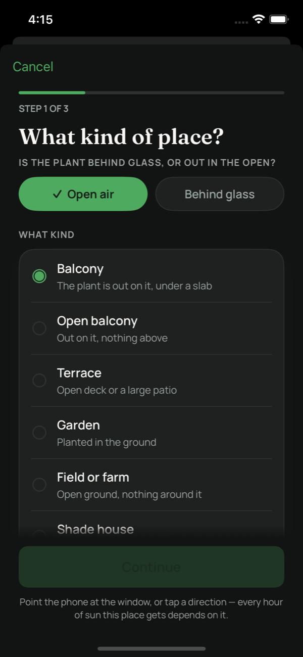 The first survey step in Leafed: is the plant behind glass or out in the open, and what kind of place is it