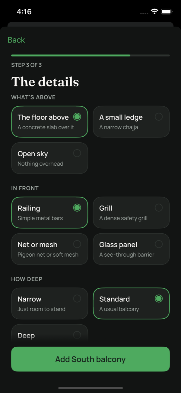 The second survey step: the floor you are on, and what stands opposite the window